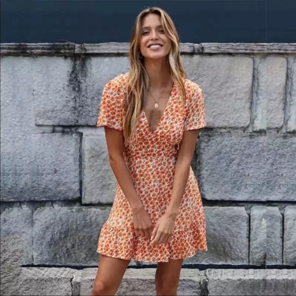 Orange Boho Floral Gypsy Print Short Sleeve Dress - Picture 2 of 7